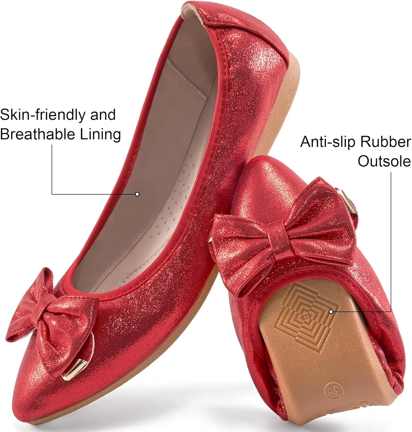 FUDYNMALC Womens Ballet Flats Shoes: Foldable Dressy Wedding Ballerina Shoes Sparkly Bowknot Pointed Toe Slip on Walking Loafers