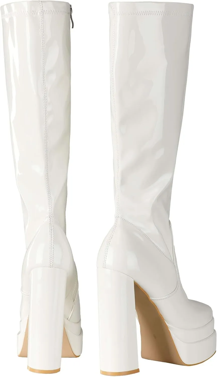 Fun Costumes GoGo Boots for Women Platform Knee High Boots Chunky Heels Mid Calf Size 11
