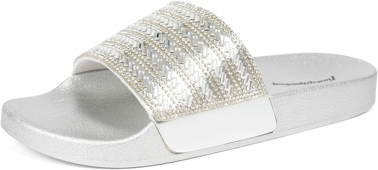 FUNKYMONKEY Women's Slides Rhinestone Glitter Slip On Footbed Platform Sandals