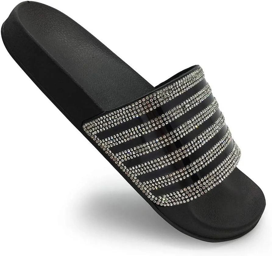 FUNKYMONKEY Women's Slides Rhinestone Glitter Slip On Footbed Platform Sandals