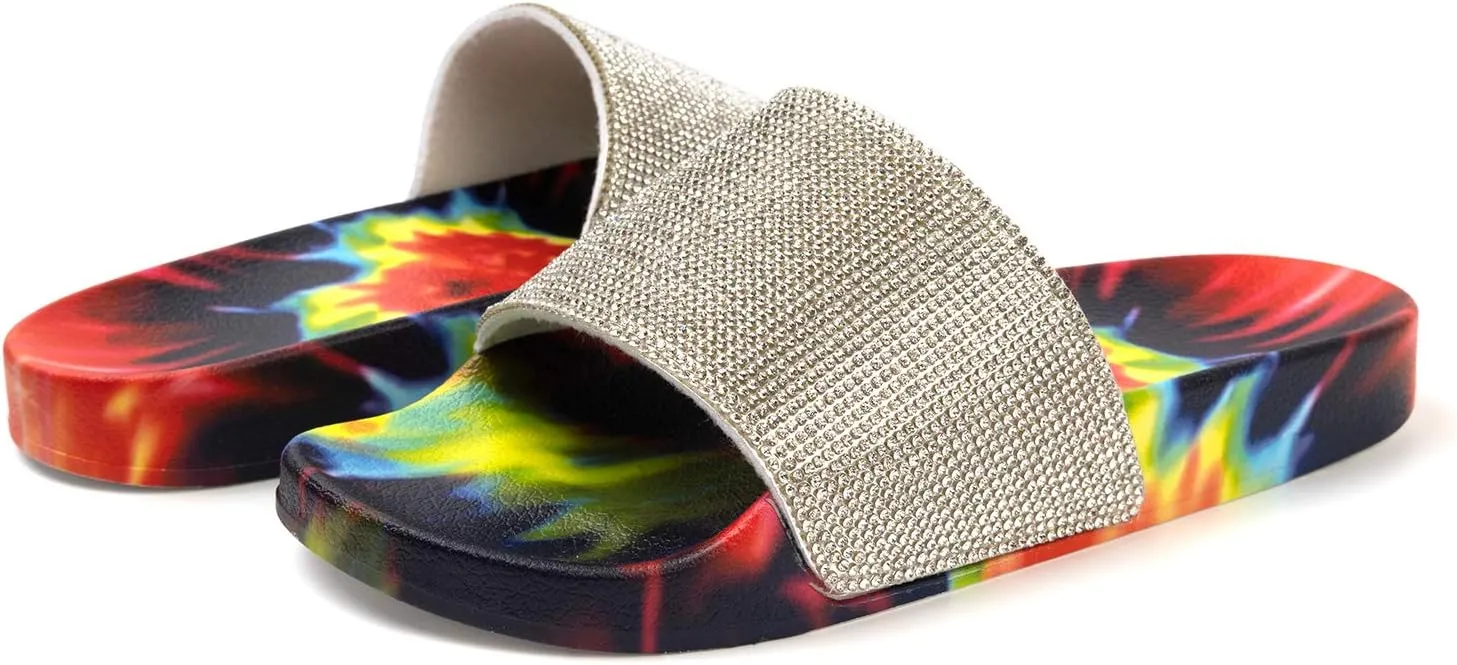 FUNKYMONKEY Women's Slides Rhinestone Glitter Slip On Footbed Platform Sandals