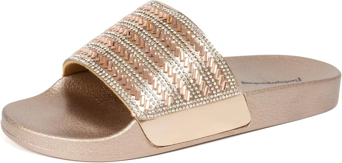 FUNKYMONKEY Women's Slides Rhinestone Glitter Slip On Footbed Platform Sandals