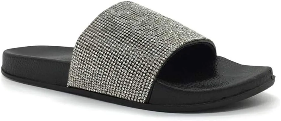 FUNKYMONKEY Women's Slides Rhinestone Glitter Slip On Footbed Platform Sandals