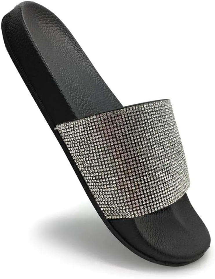 FUNKYMONKEY Women's Slides Rhinestone Glitter Slip On Footbed Platform Sandals