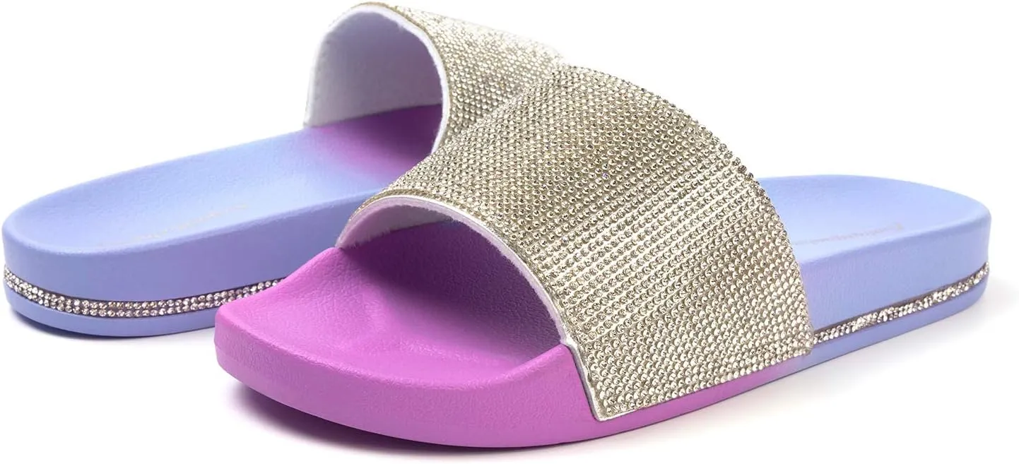 FUNKYMONKEY Women's Slides Rhinestone Glitter Slip On Footbed Platform Sandals