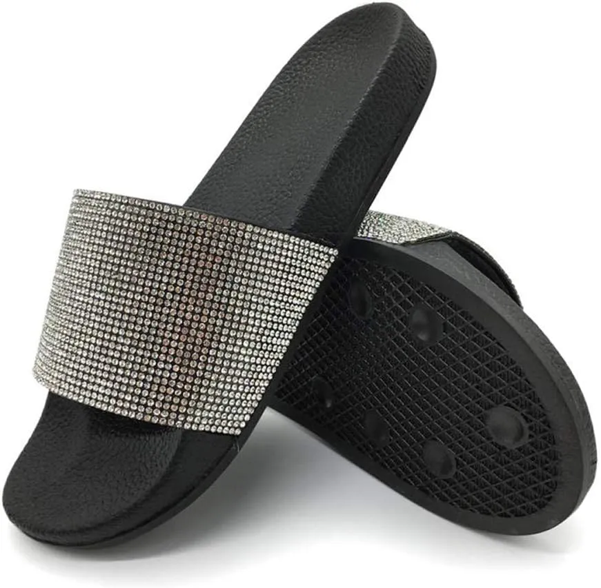 FUNKYMONKEY Women's Slides Rhinestone Glitter Slip On Footbed Platform Sandals