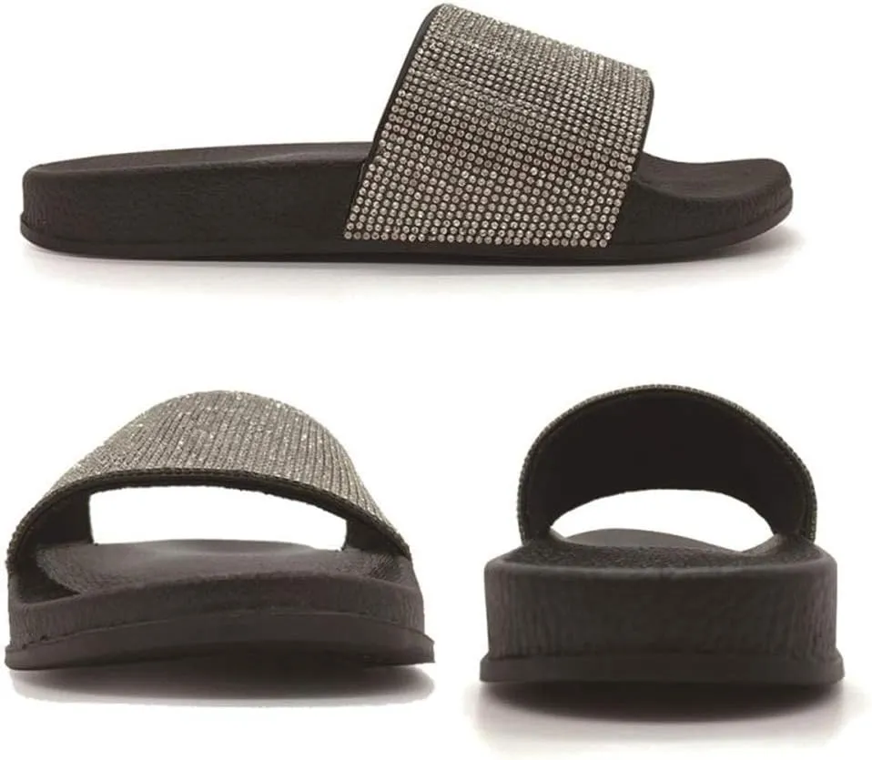 FUNKYMONKEY Women's Slides Rhinestone Glitter Slip On Footbed Platform Sandals