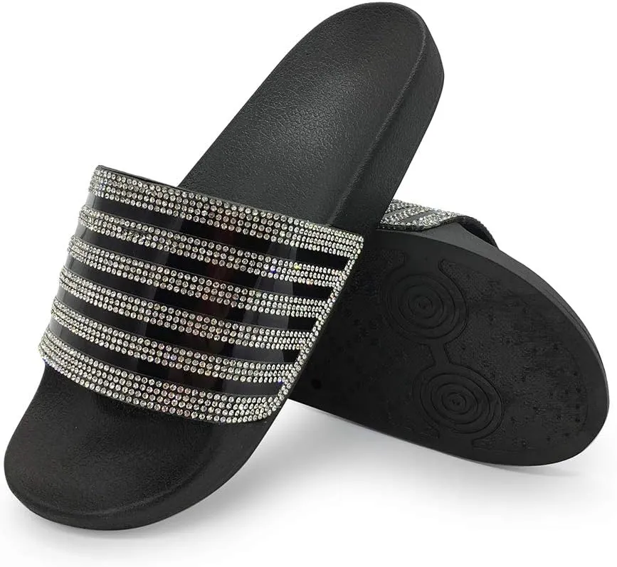 FUNKYMONKEY Women's Slides Rhinestone Glitter Slip On Footbed Platform Sandals