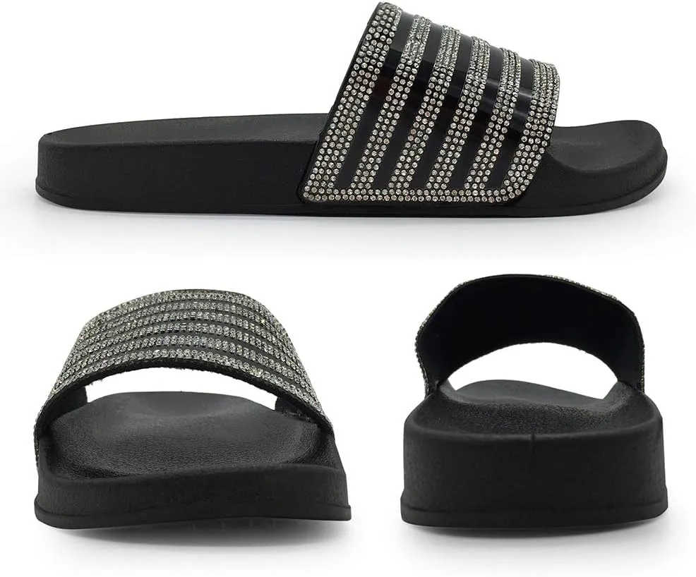 FUNKYMONKEY Women's Slides Rhinestone Glitter Slip On Footbed Platform Sandals