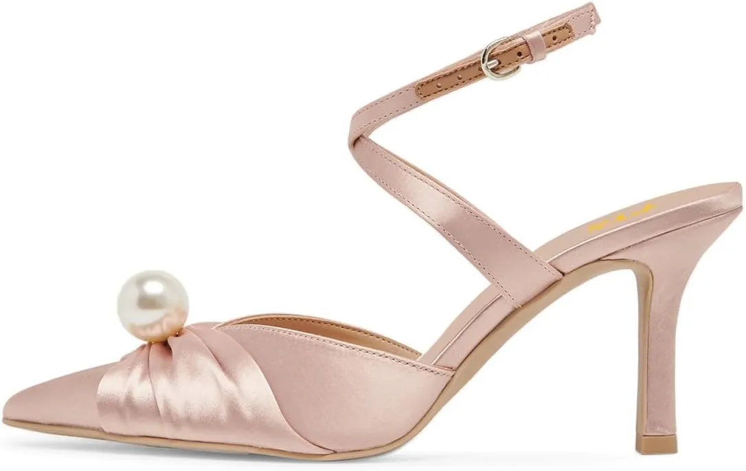 FYS Women Pointed Toe Pearl Pumps Ankle Strap Kitten Mid Heels Strappy Elegant Prom Evening Shoes Size 4-16 US