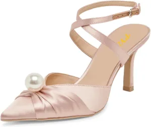 FYS Women Pointed Toe Pearl Pumps Ankle Strap Kitten Mid Heels Strappy Elegant Prom Evening Shoes Size 4-16 US