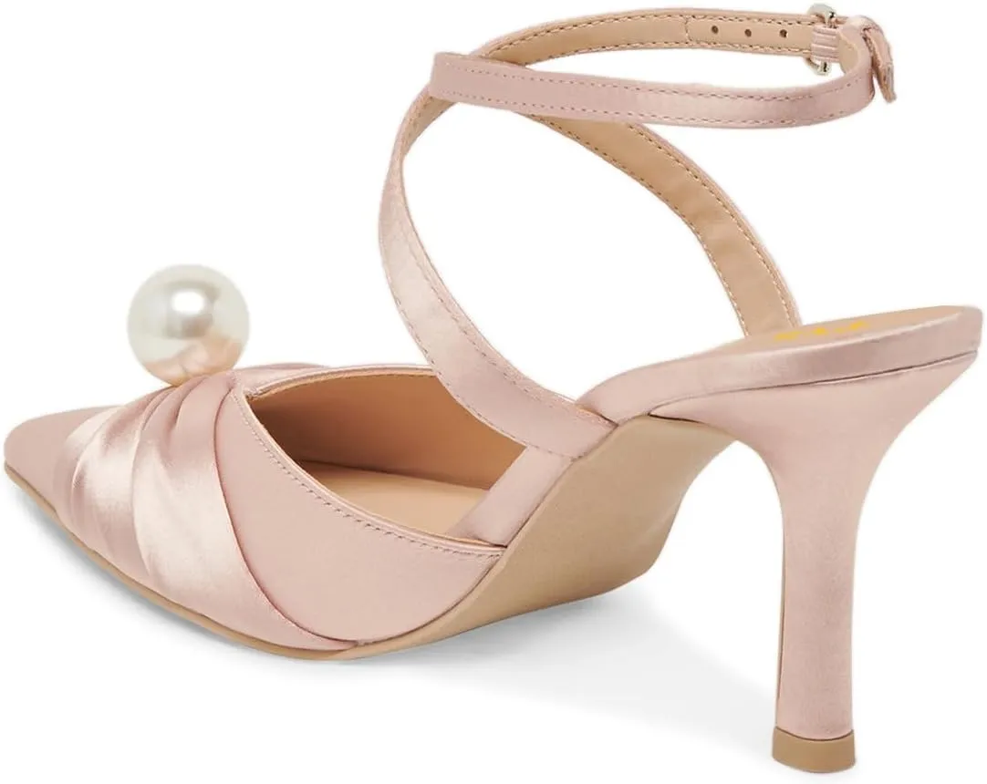 FYS Women Pointed Toe Pearl Pumps Ankle Strap Kitten Mid Heels Strappy Elegant Prom Evening Shoes Size 4-16 US