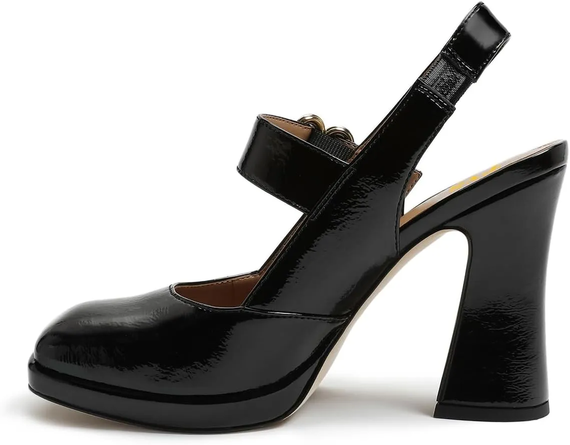 FYS Women's Platform Square Toe Pumps Chunky Block High Heel Mary Janes Backless Slingback Sexy Dressy Party Shoes Size 4-16 US