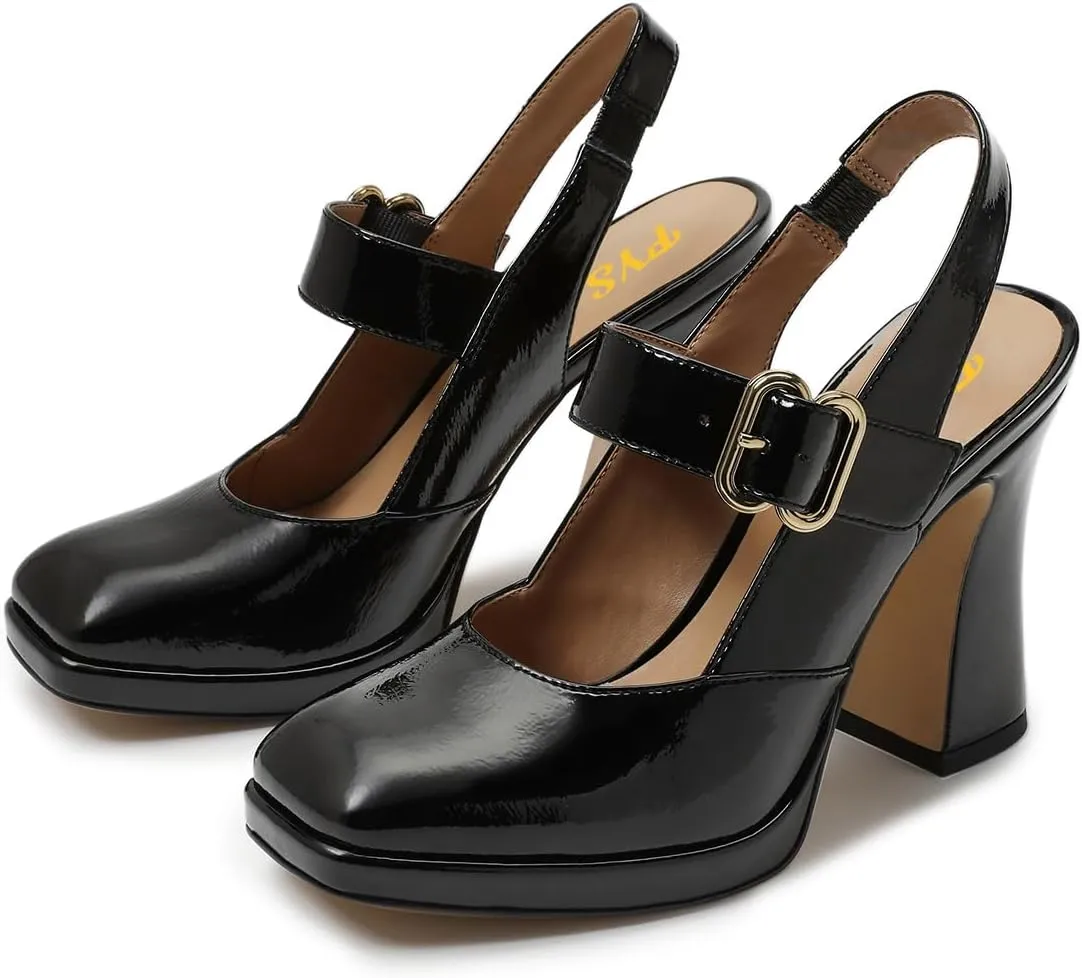 FYS Women's Platform Square Toe Pumps Chunky Block High Heel Mary Janes Backless Slingback Sexy Dressy Party Shoes Size 4-16 US