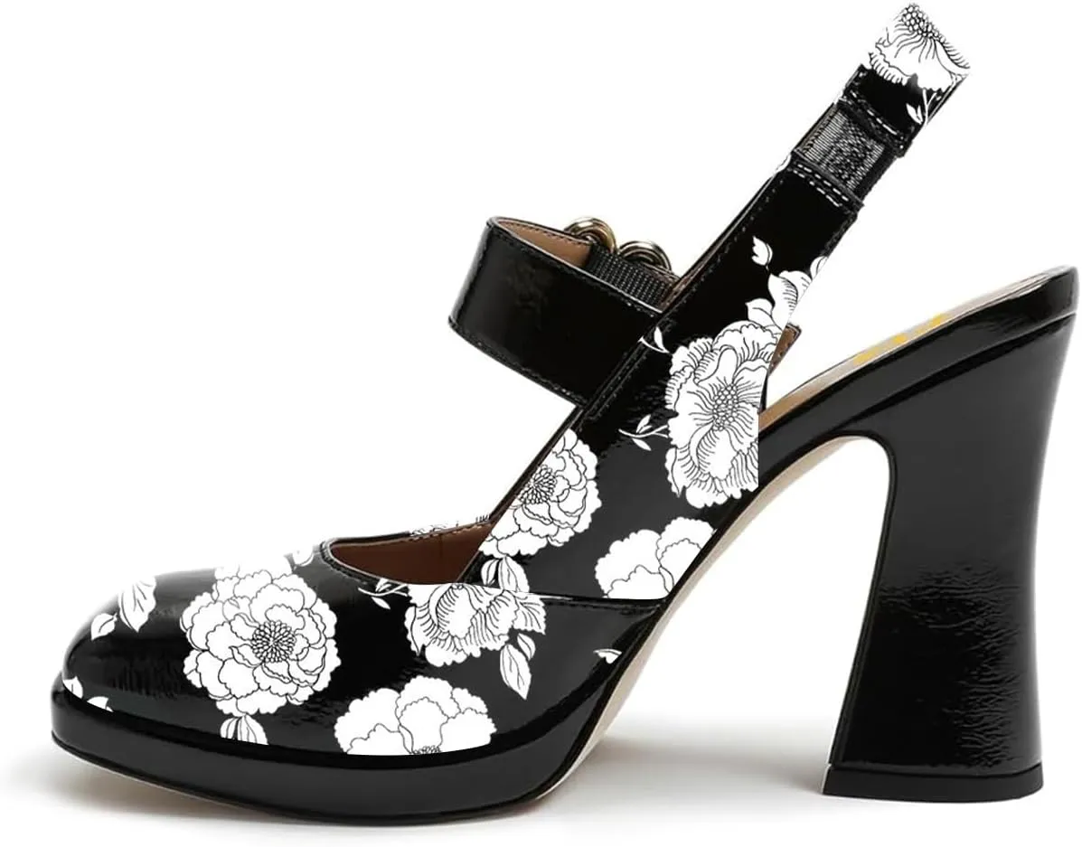 FYS Women's Platform Square Toe Pumps Chunky Block High Heel Mary Janes Backless Slingback Sexy Dressy Party Shoes Size 4-16 US