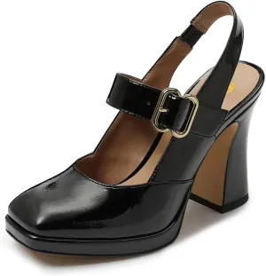 FYS Women's Platform Square Toe Pumps Chunky Block High Heel Mary Janes Backless Slingback Sexy Dressy Party Shoes Size 4-16 US