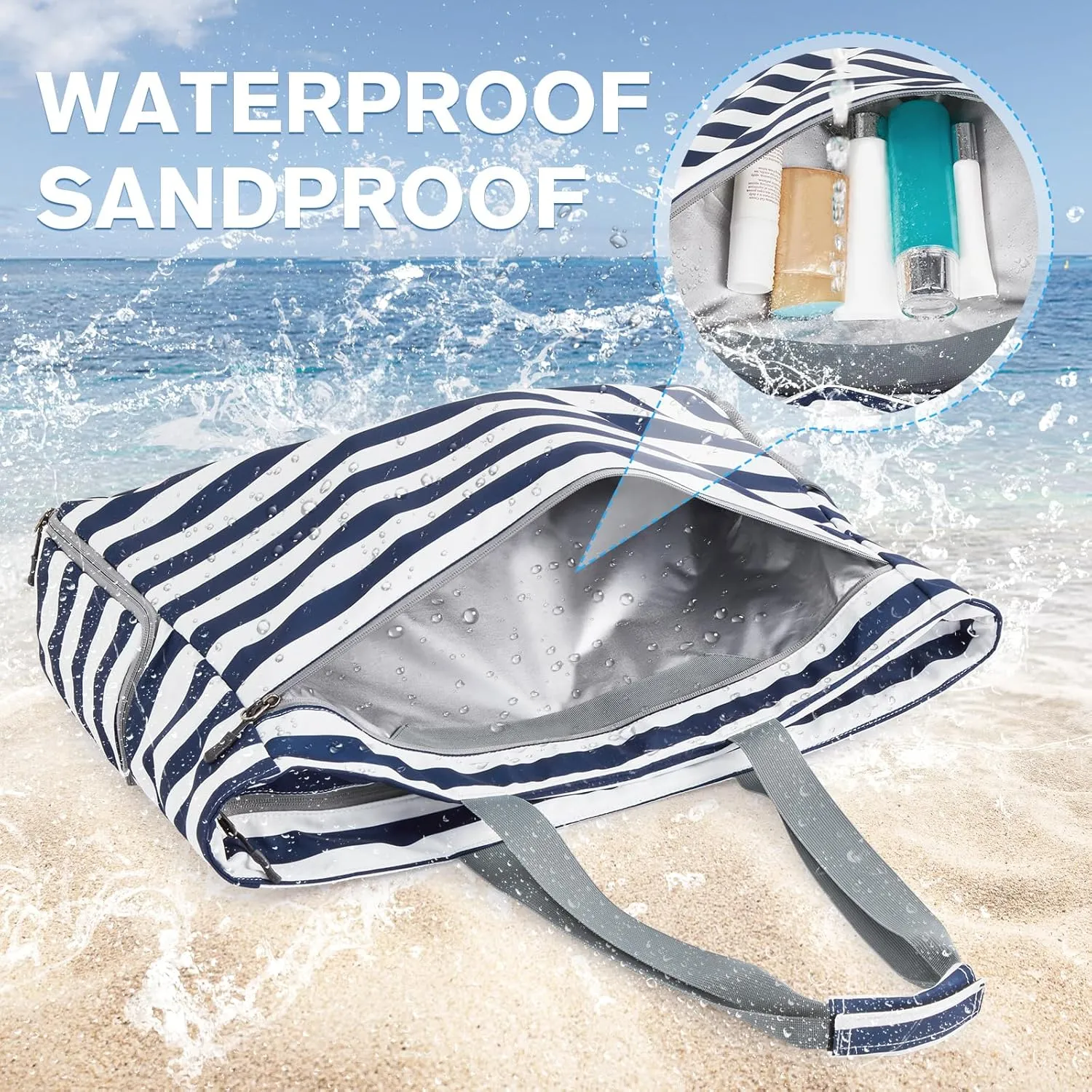 G4Free Beach Bags for Women, Large Foldable Travel Tote Bag with Zipper, Waterproof Sandproof Beach Tote Pool Bag