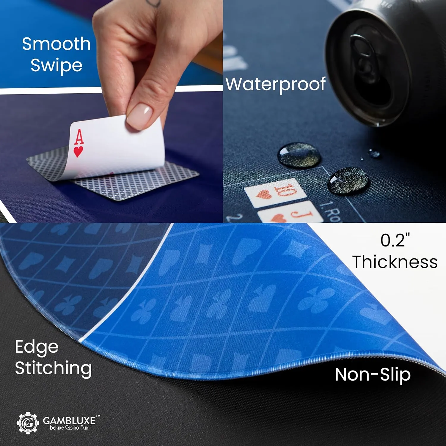 GAMBLUXE 47"X23" / 70"X35" Professional Poker Mat for Table - Smooth Water Repellent Poker Top for Table Nonslip Portable Texas Hold'em Poker Mat   Carrying/Storage Bag for Poker Games, (Blue)