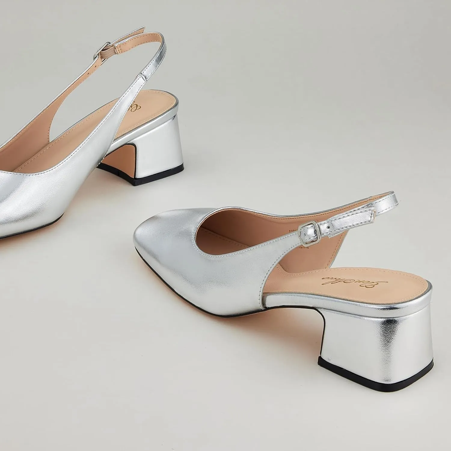 GENSHUO Women's Pumps Square Toe Slingback Low Heels Block Chunky Heel 2.36 Inch Black White Navy Blue Nude Dress Shoes for Daily Office Party