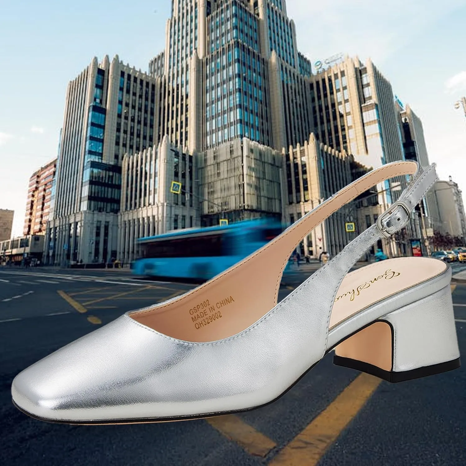 GENSHUO Women's Pumps Square Toe Slingback Low Heels Block Chunky Heel 2.36 Inch Black White Navy Blue Nude Dress Shoes for Daily Office Party