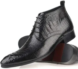 Genuine Leather Ankle Boot for Men Work Boot Crocodile Block Heel Pointed Toe Business Lace Up Retro