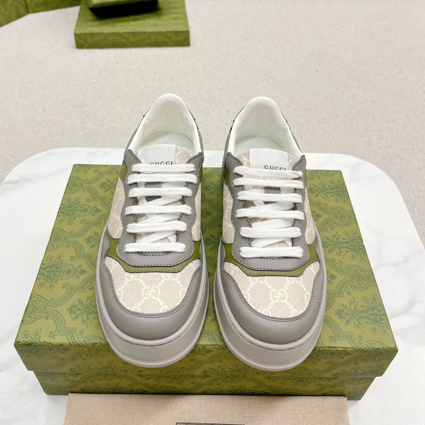 GG Digital-first GRAY TRAINER AND High-tech CREAMY WHITE CALFSKIN Gucci