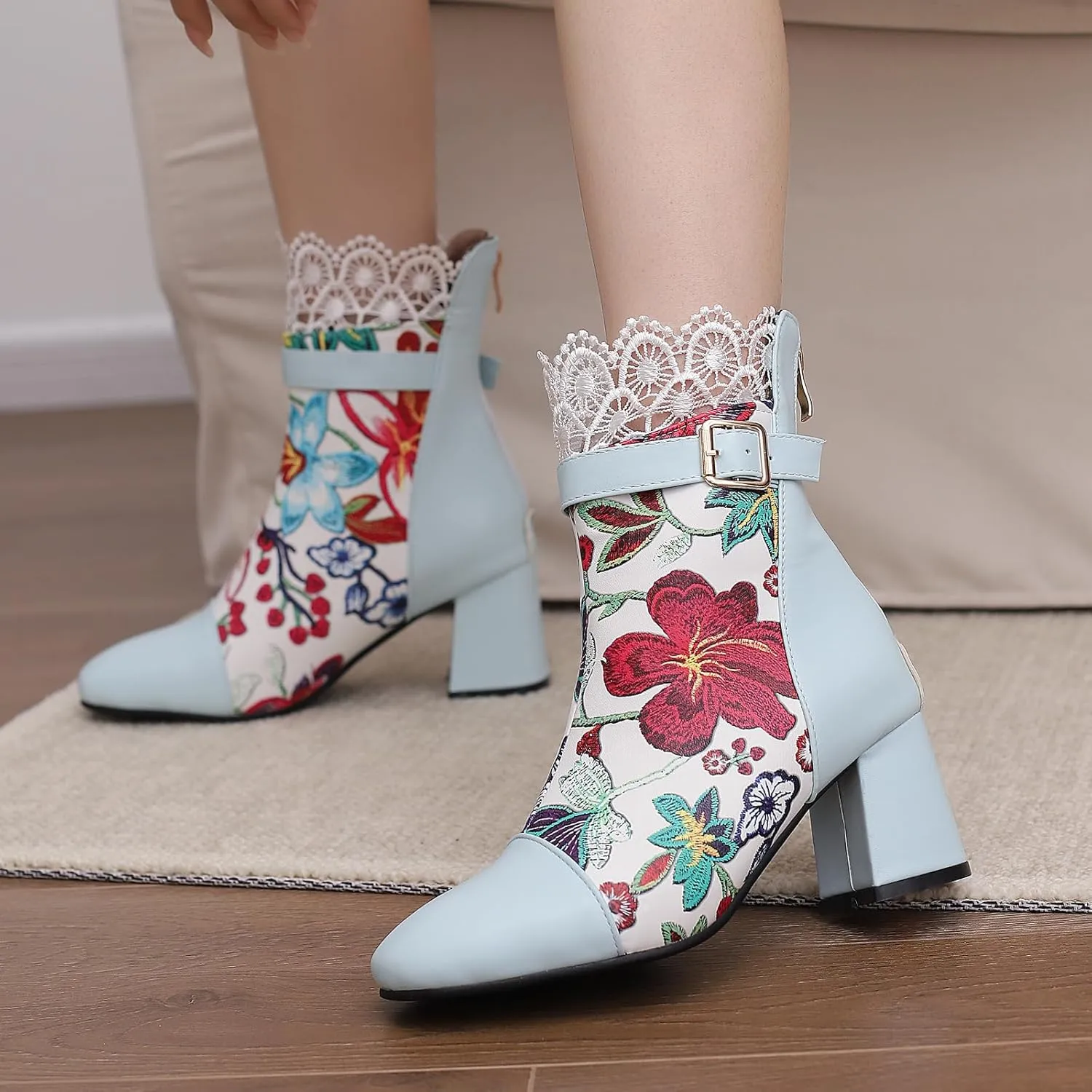 Gicoiz Women Elegant Floral Chelsea Ankle Boots Block Heel