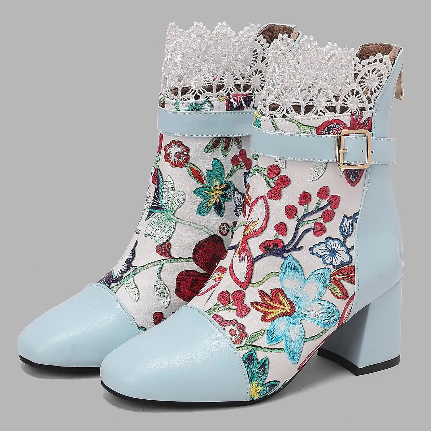 Gicoiz Women Elegant Floral Chelsea Ankle Boots Block Heel