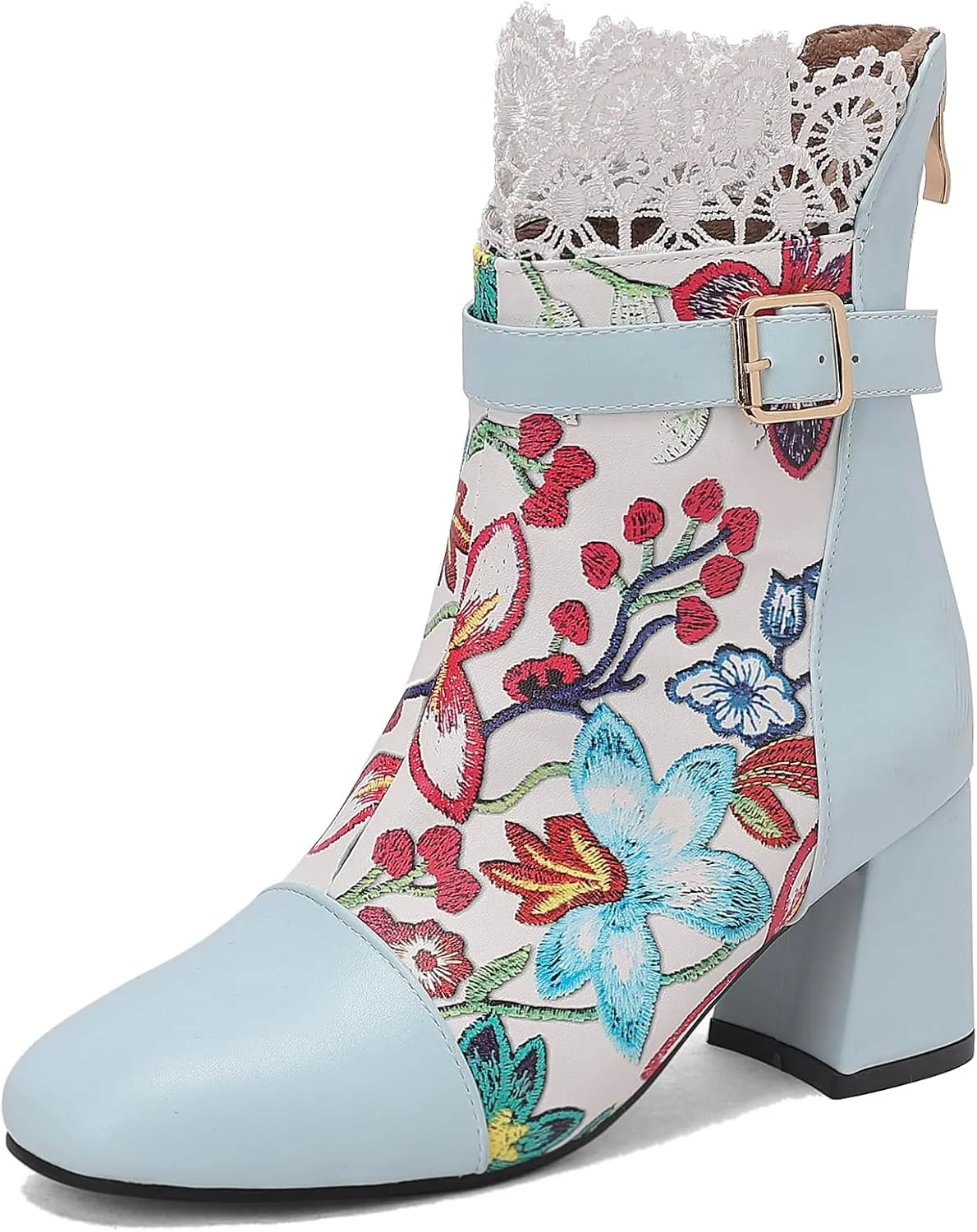 Gicoiz Women Elegant Floral Chelsea Ankle Boots Block Heel