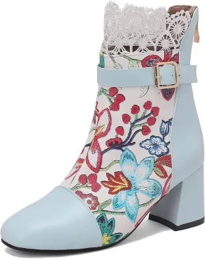 Gicoiz Women Elegant Floral Chelsea Ankle Boots Block Heel
