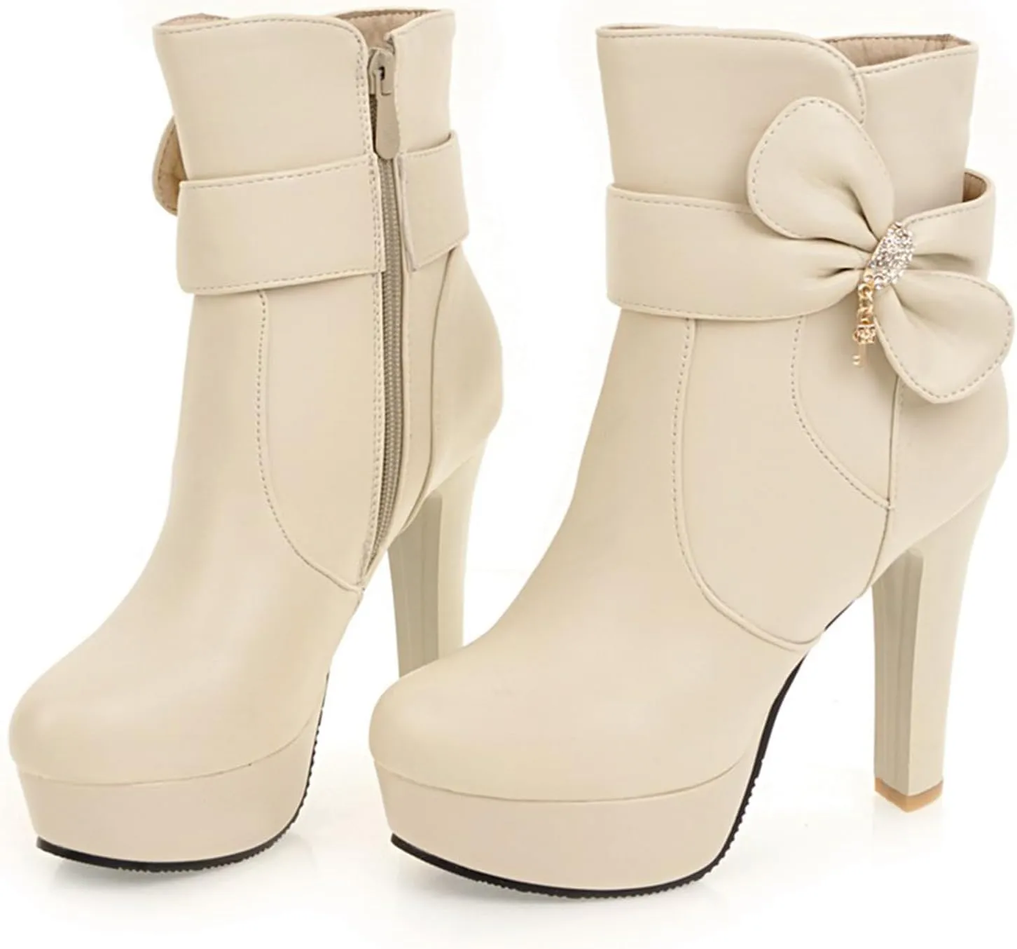 Gicoiz Women Round Toe Elegant High Heel Ankle Boots Bow Buckle