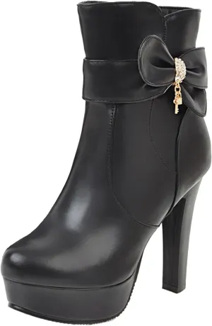 Gicoiz Women Round Toe Elegant High Heel Ankle Boots Bow Buckle