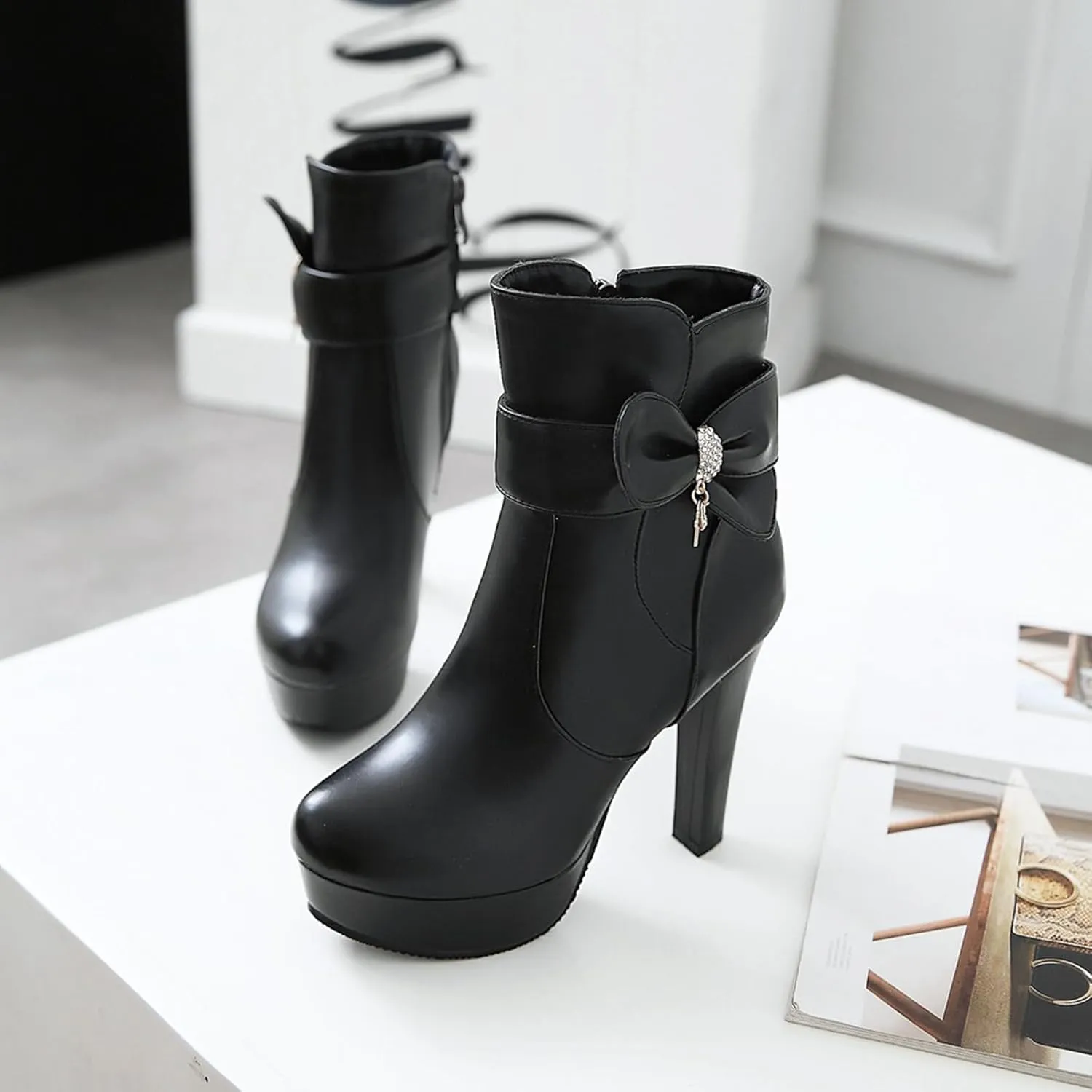 Gicoiz Women Round Toe Elegant High Heel Ankle Boots Bow Buckle