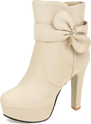 Gicoiz Women Round Toe Elegant High Heel Ankle Boots Bow Buckle