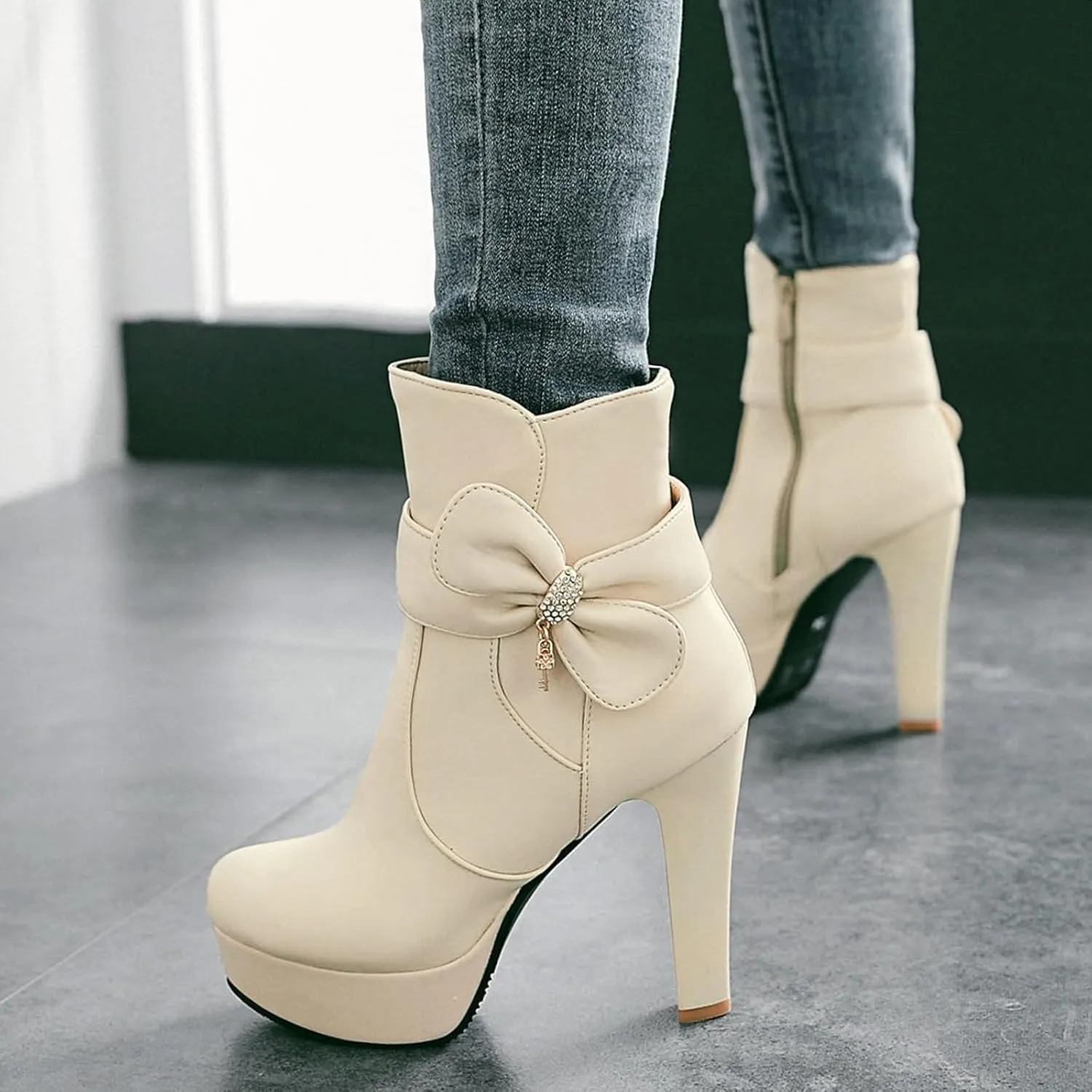 Gicoiz Women Round Toe Elegant High Heel Ankle Boots Bow Buckle