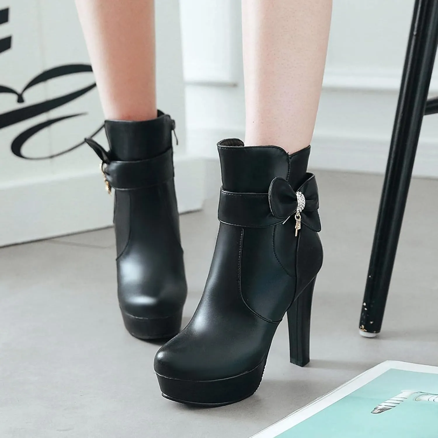 Gicoiz Women Round Toe Elegant High Heel Ankle Boots Bow Buckle