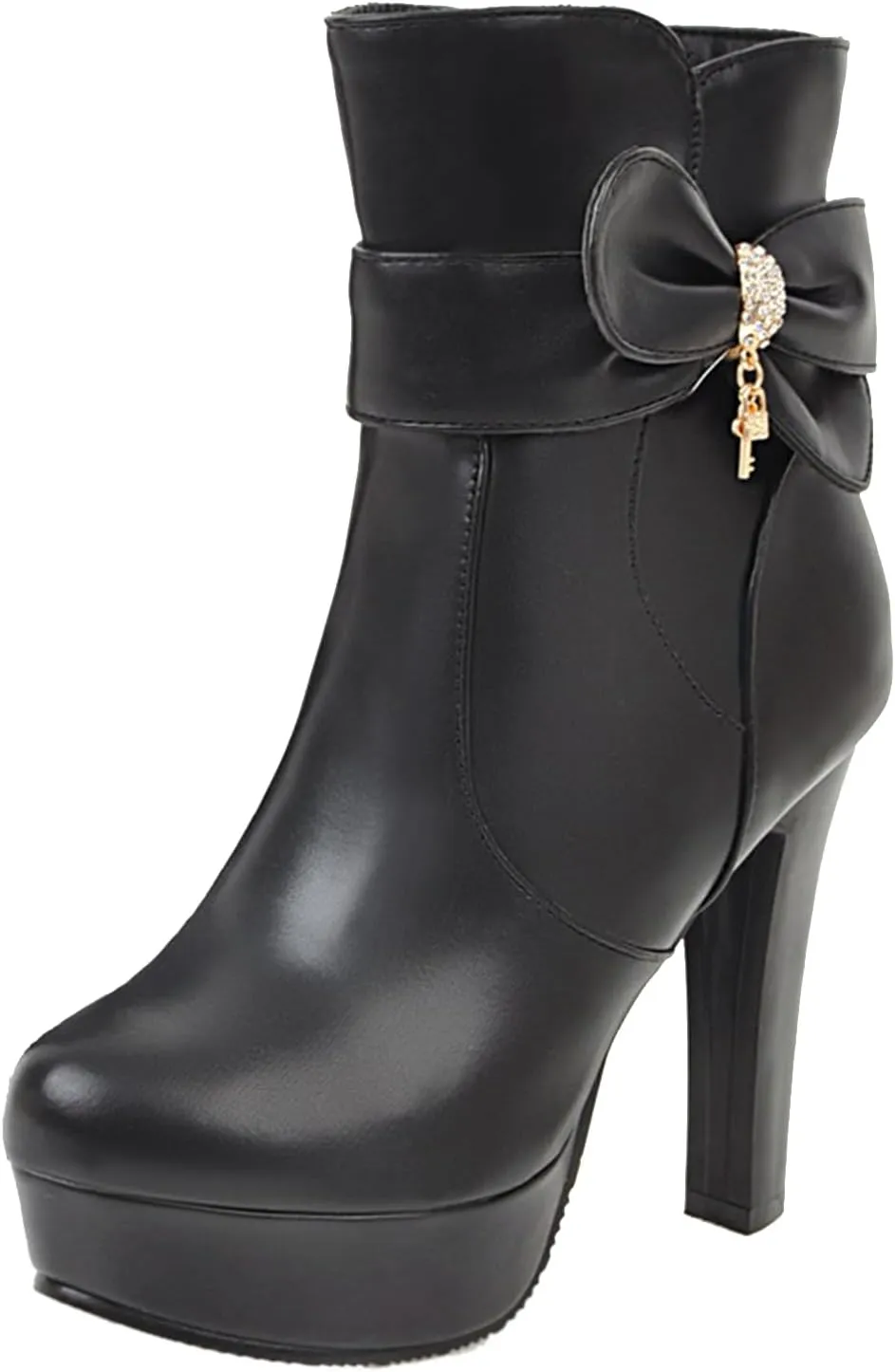 Gicoiz Women Round Toe Elegant High Heel Ankle Boots Bow Buckle