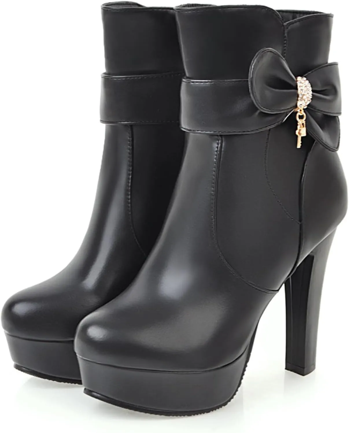 Gicoiz Women Round Toe Elegant High Heel Ankle Boots Bow Buckle