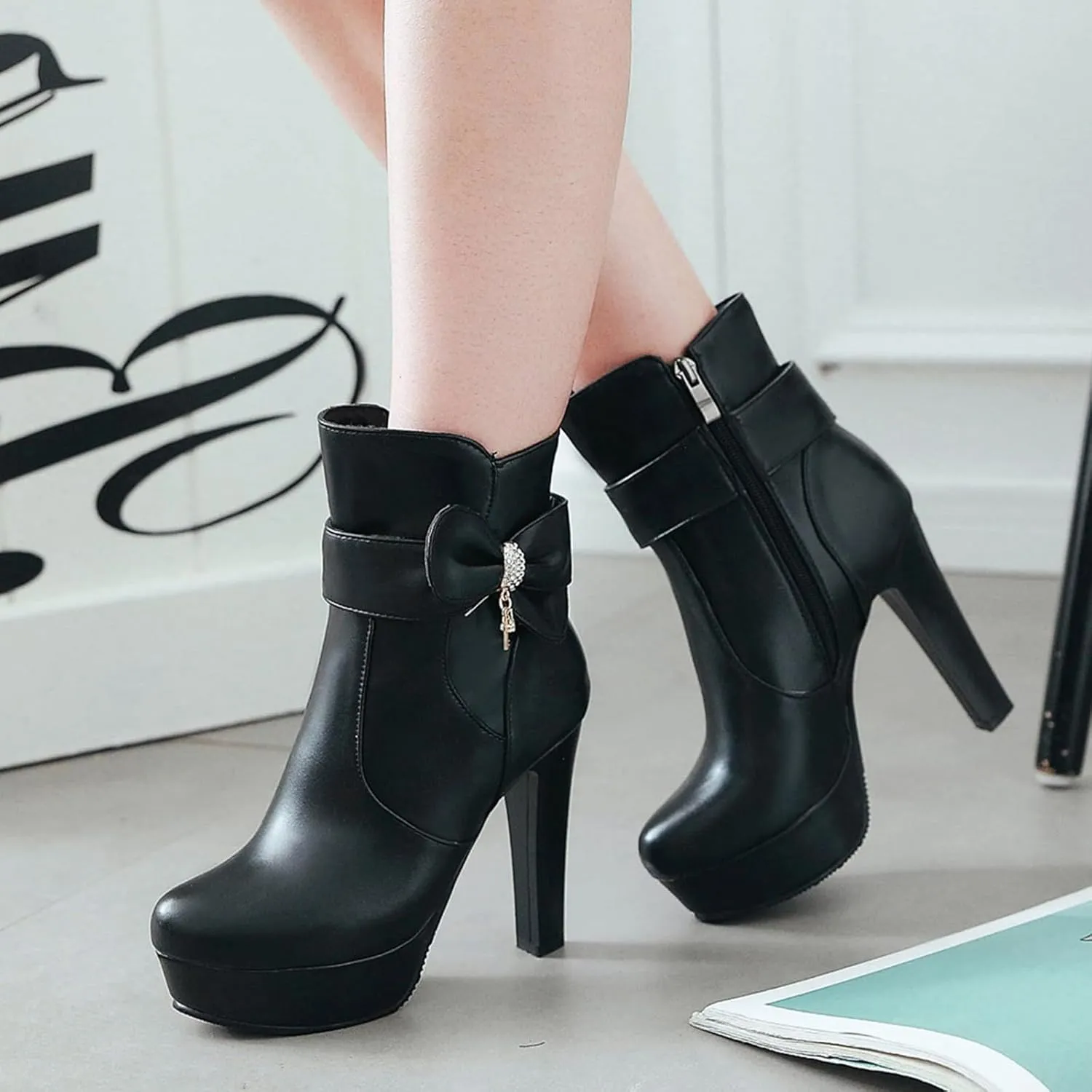 Gicoiz Women Round Toe Elegant High Heel Ankle Boots Bow Buckle