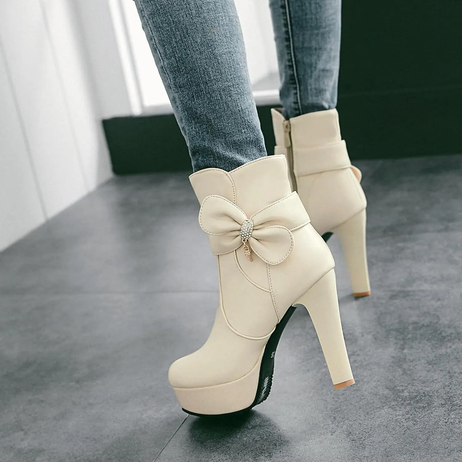 Gicoiz Women Round Toe Elegant High Heel Ankle Boots Bow Buckle