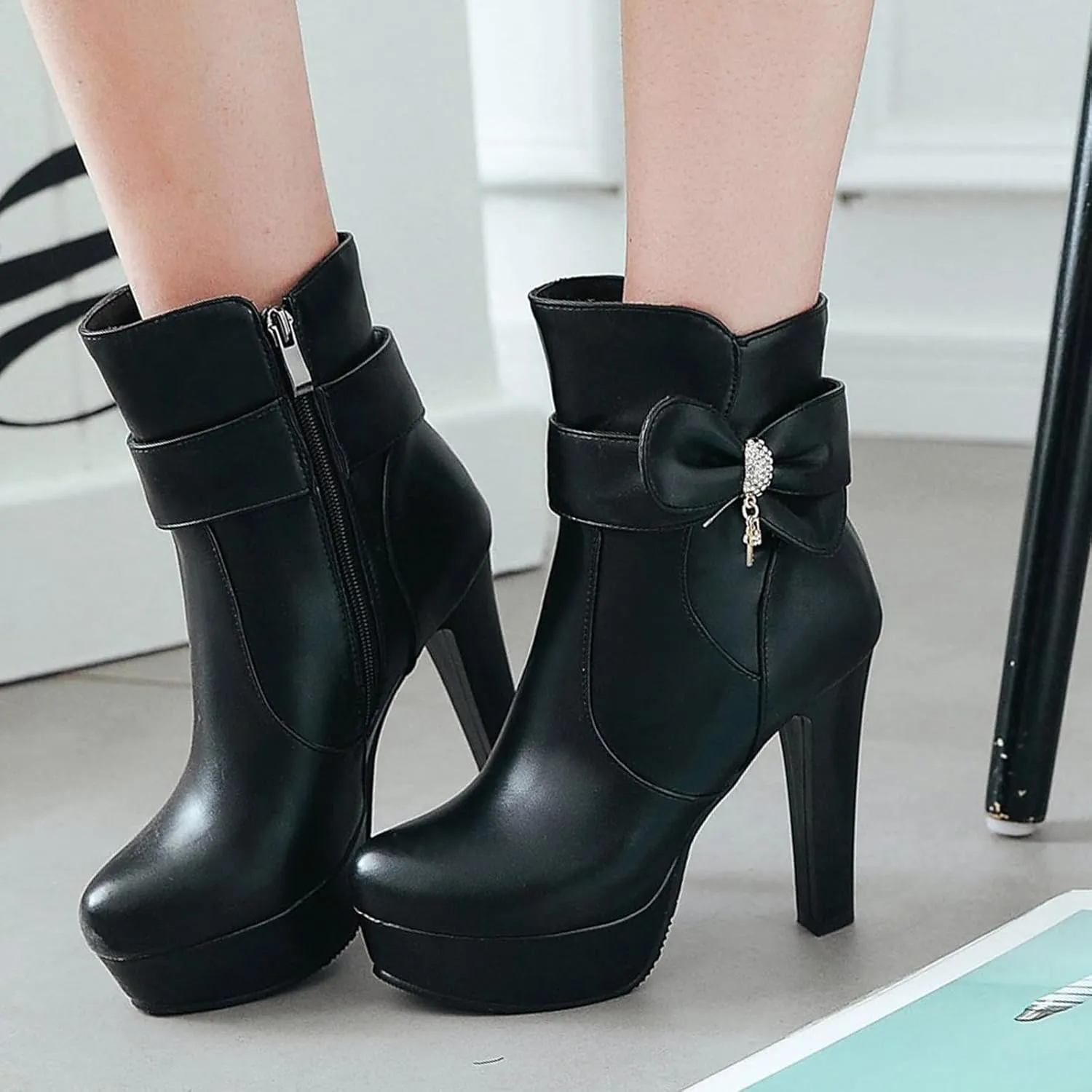 Gicoiz Women Round Toe Elegant High Heel Ankle Boots Bow Buckle