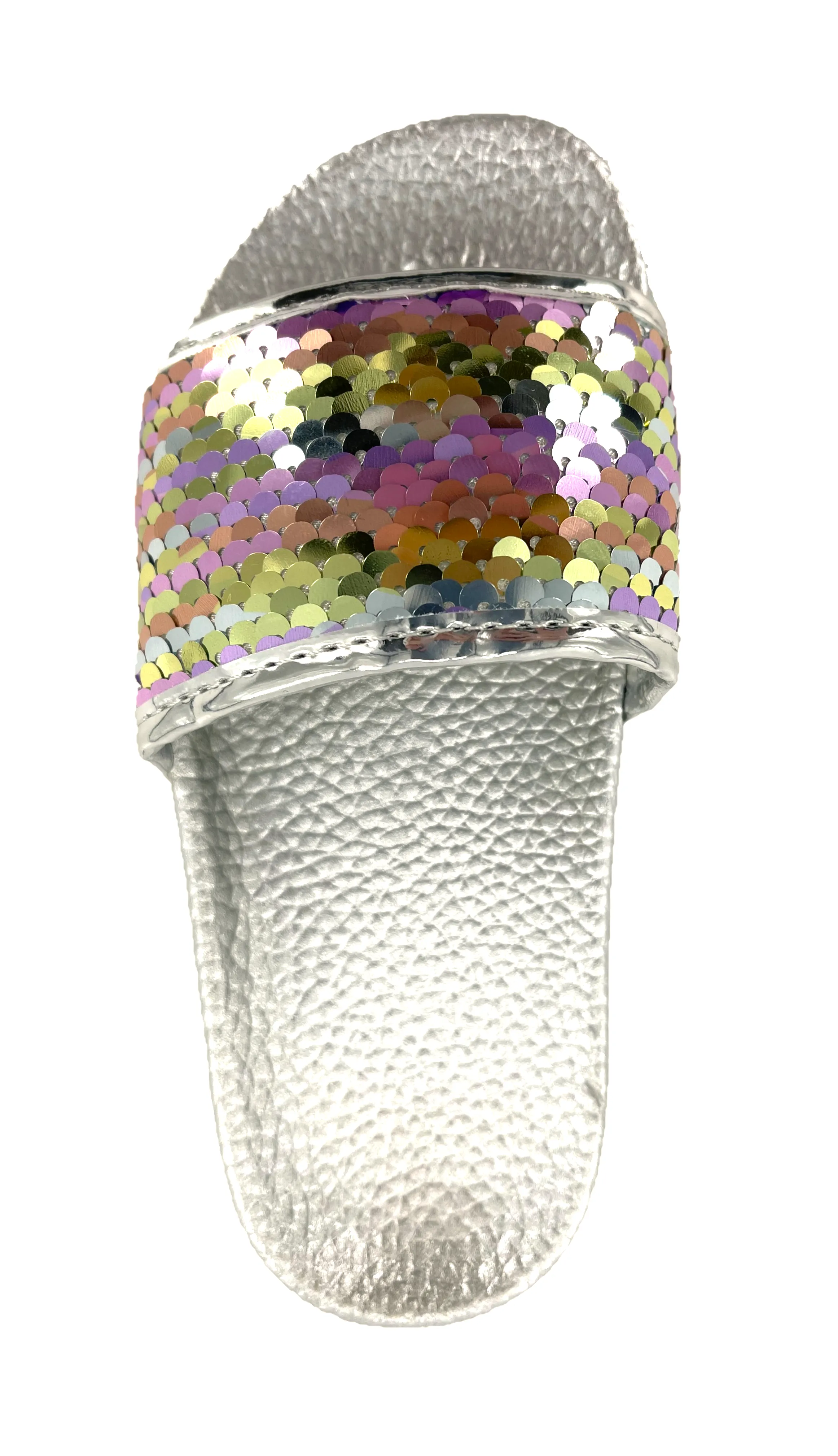 Girls Silver and Rainbow Sequin Pool Slider Beach Sandals
