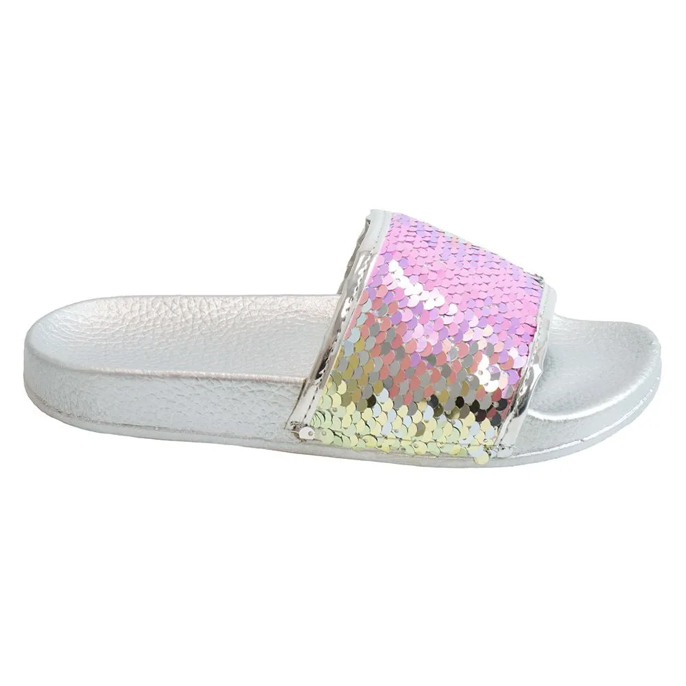 Girls Silver and Rainbow Sequin Pool Slider Beach Sandals