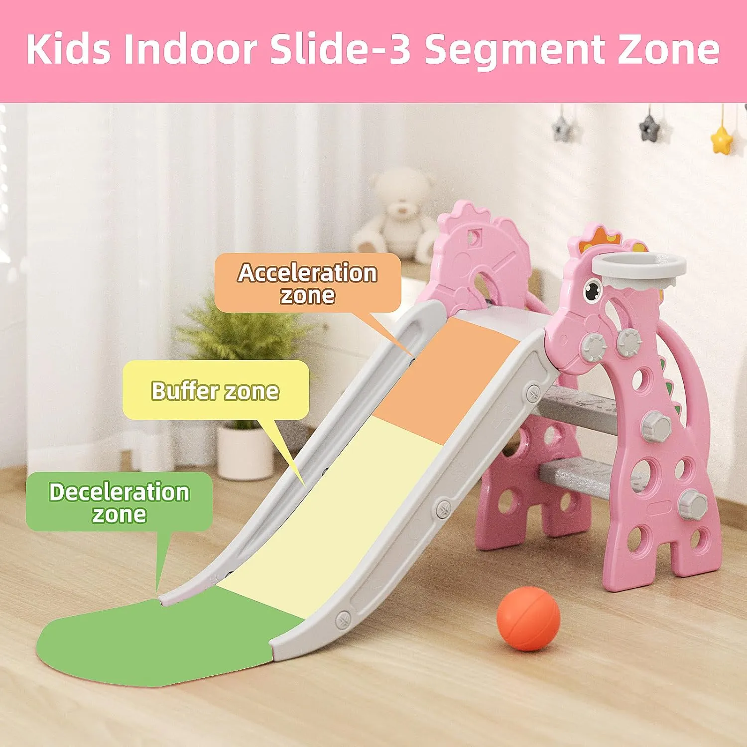 GLAF Toddler Slide Indoor for Toddlers 1-3 Baby Slide Outdoor Playset with Basketball Hoop and Ball Plastic Foldable Slides for Kids Backyard Climber Set (Pink)