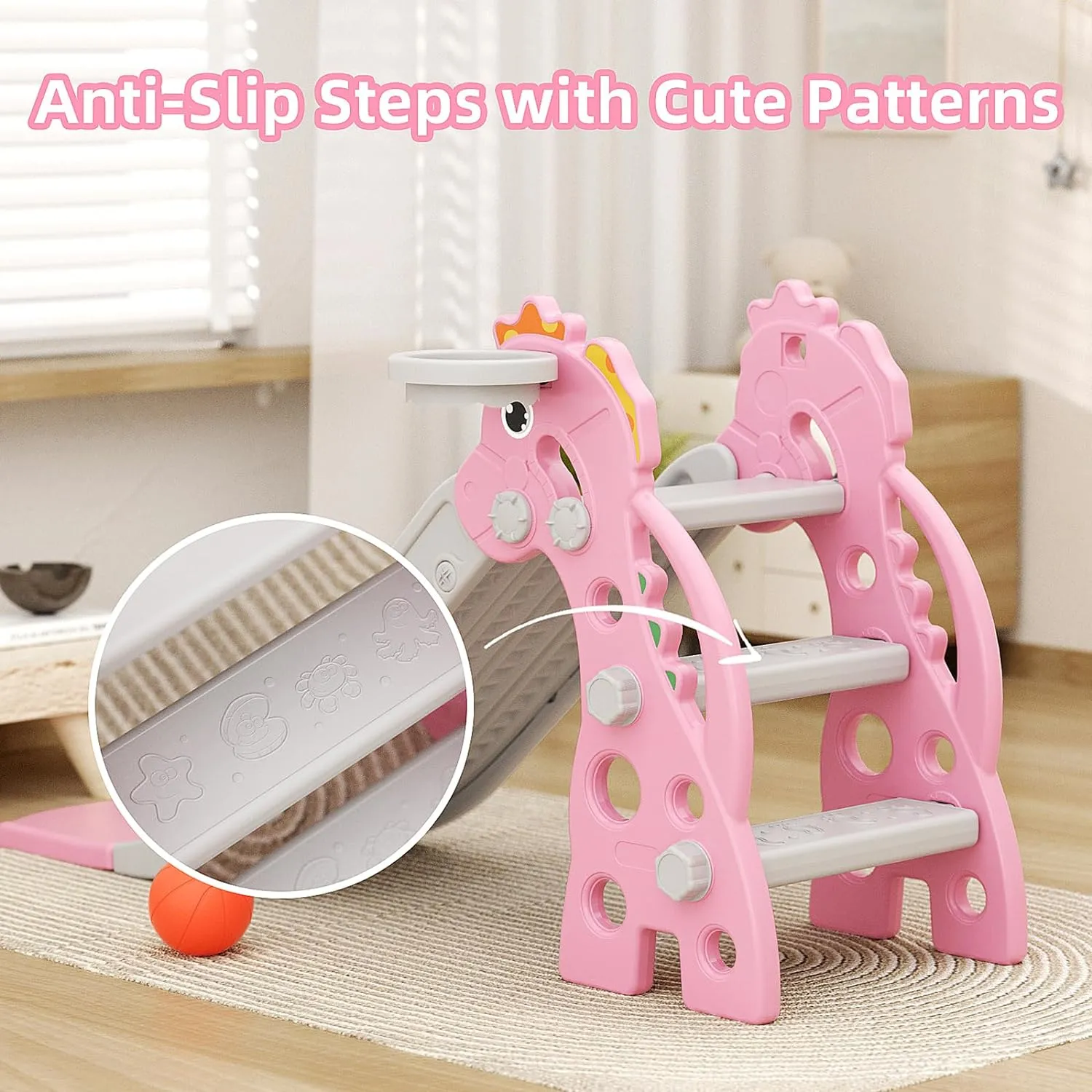 GLAF Toddler Slide Indoor for Toddlers 1-3 Baby Slide Outdoor Playset with Basketball Hoop and Ball Plastic Foldable Slides for Kids Backyard Climber Set (Pink)