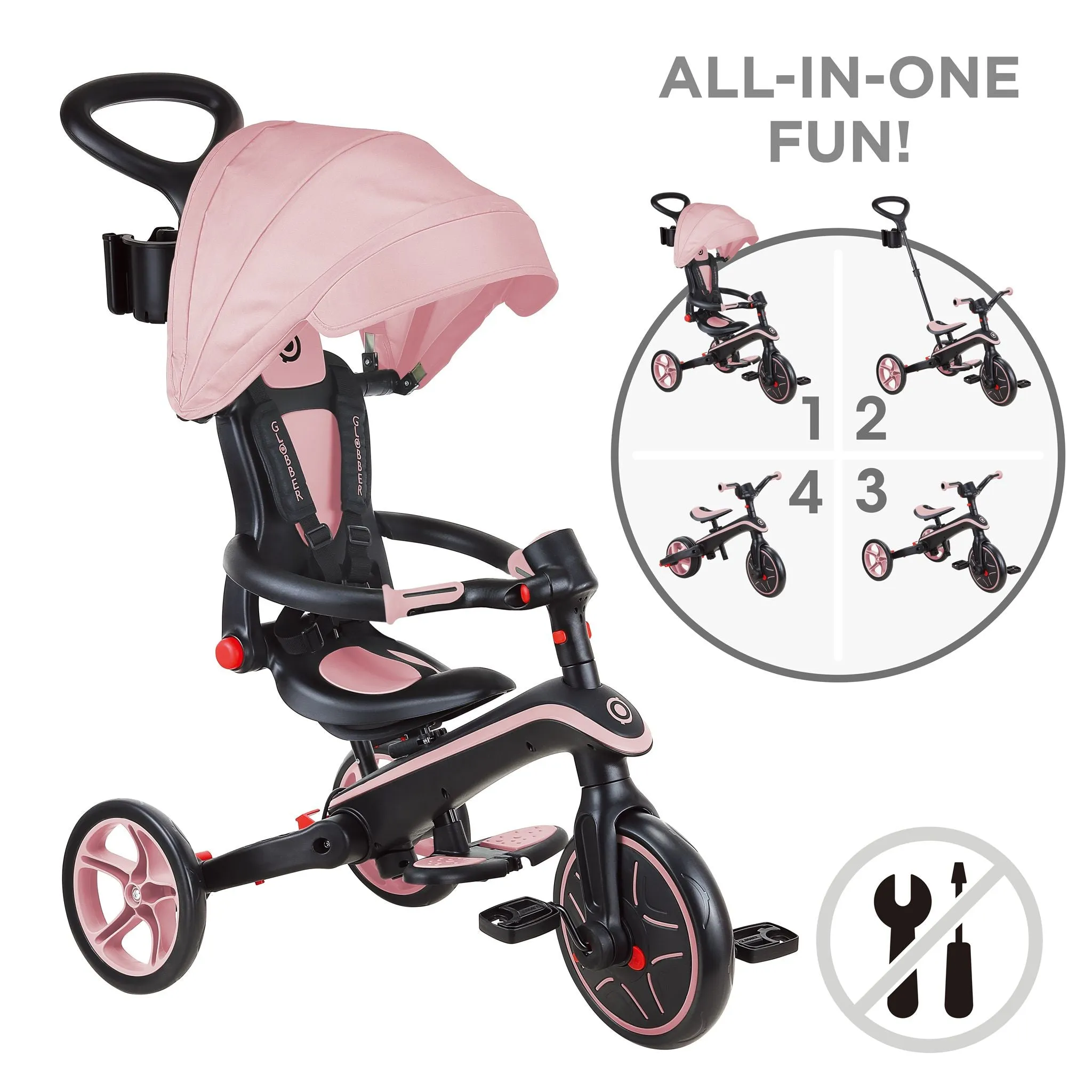 Globber Explorer Foldable 4 In 1 Trike - Pastel Pink