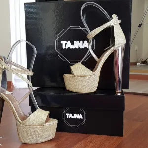 Gold Shiny Strap Peep Toe High Heel Platform Shoes