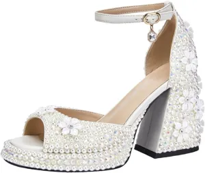 Goolita Womens Open Toe Pearl Platform Heels For Women Chunky Buckle Ankle Strap Wedding Heeled Sandals Dress Evening Bride Bridal Shoes