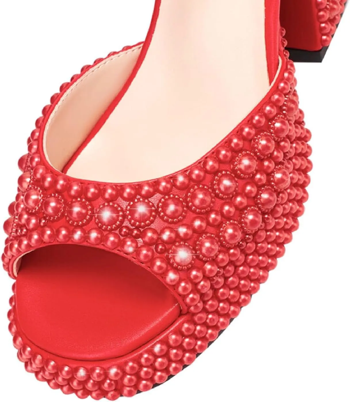 Goolita Womens Open Toe Pearl Platform Heels For Women Chunky Buckle Ankle Strap Wedding Heeled Sandals Dress Evening Bride Bridal Shoes