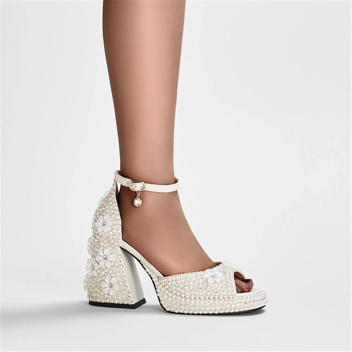 Goolita Womens Open Toe Pearl Platform Heels For Women Chunky Buckle Ankle Strap Wedding Heeled Sandals Dress Evening Bride Bridal Shoes